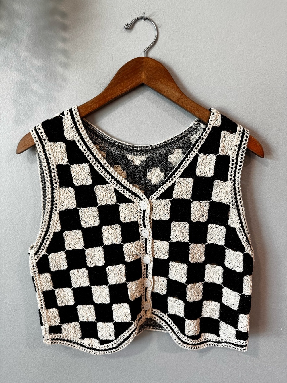 Vintage Black and Cream Crocheted Checkerboard Tank Vest